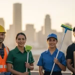 Grupo de trabajadores latinos unidos y sonrientes frente al horizonte de una ciudad de Estados Unidos al amanecer. Alt text: Profesionales latinos representando la fuerza laboral y las oportunidades en Estados Unidos.