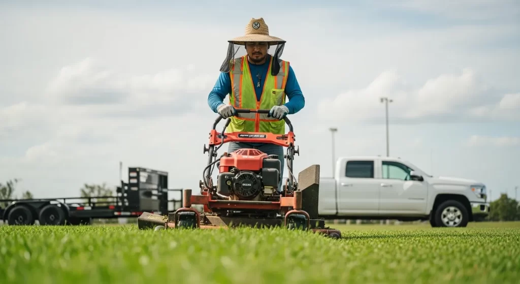 Trabajador de landscaping latino operando una podadora industrial en un campo en Miami.