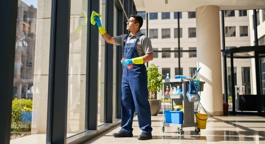 Limpiador profesional detallista trabajando en el vestíbulo de un edificio de oficinas moderno en Estados Unidos bajo la luz del sol.