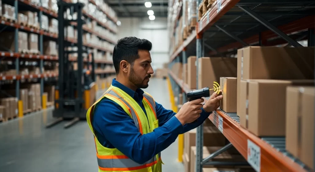 Operario de bodega latino utilizando un escáner manual para registrar inventario en un gran centro logístico moderno en Estados Unidos.