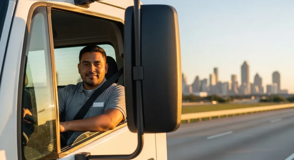 Conductor de reparto latino profesional sonriendo al volante de su camión en una autopista de Estados Unidos al atardecer.