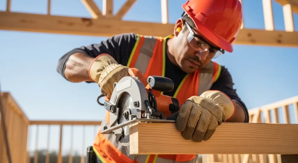 Obrero de construcción latino altamente capacitado cortando una viga de madera en una obra activa en Texas.