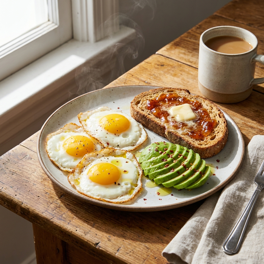 Desayuno saludable con huevos y aguacate para producir testosterona y energia