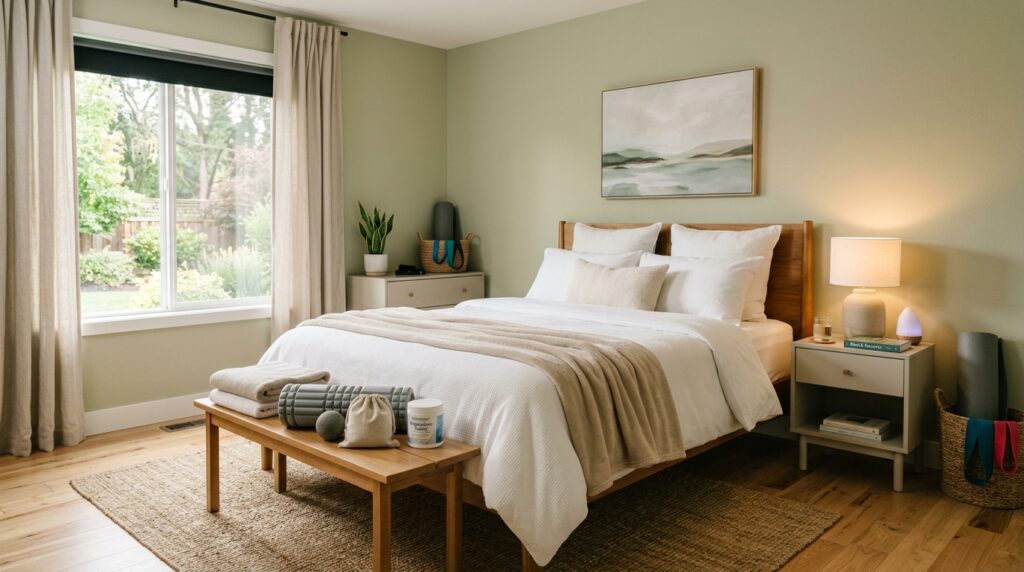 Habitación ordenada e iluminada para favorecer la higiene del sueño y la recuperación muscular.