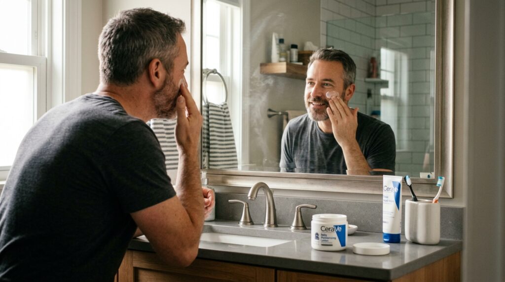 Hombre adulto aplicando crema hidratante facial frente al espejo como parte de su rutina diaria de cuidado personal.