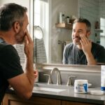 Hombre adulto aplicando crema hidratante facial frente al espejo como parte de su rutina diaria de cuidado personal.