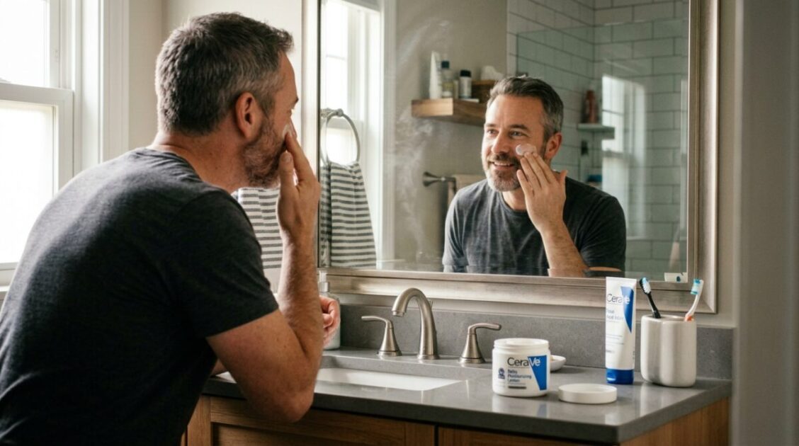 Hombre adulto aplicando crema hidratante facial frente al espejo como parte de su rutina diaria de cuidado personal.