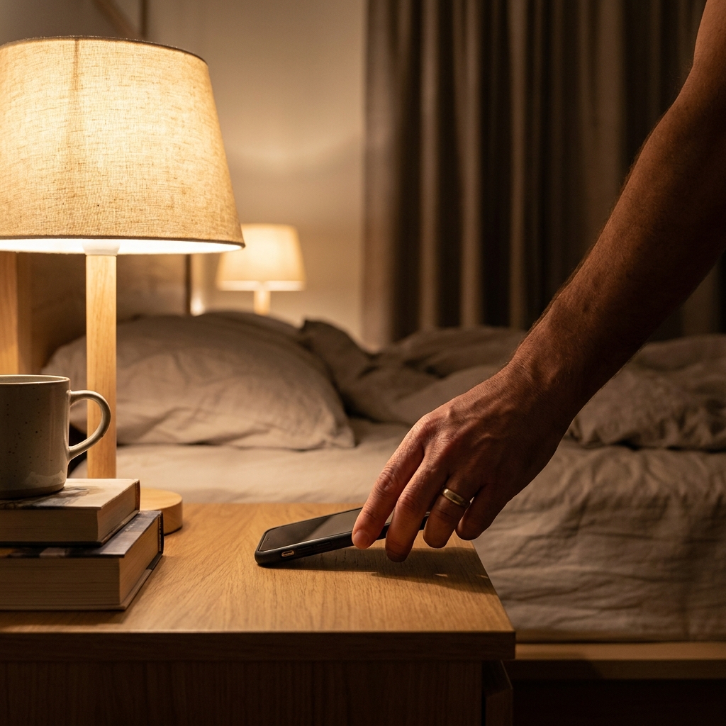 Hombre apagando el telefono por la noche para evitar el estres y descansar mejor