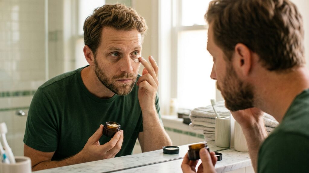 Hombre aplicando crema para el contorno de ojos mediante ligeros toques para reducir la congestión en las ojeras.