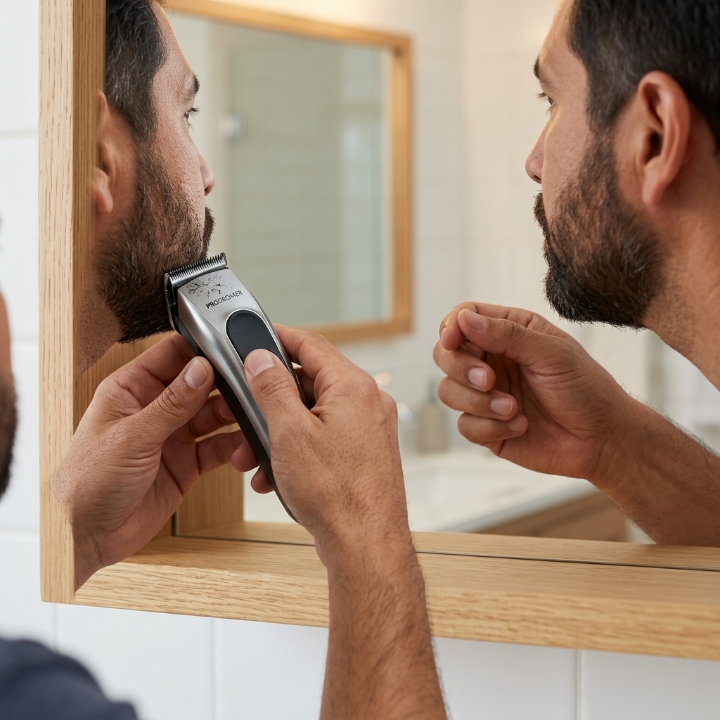 Hombre arreglando y recortando su barba en casa para tener mejor aspecto