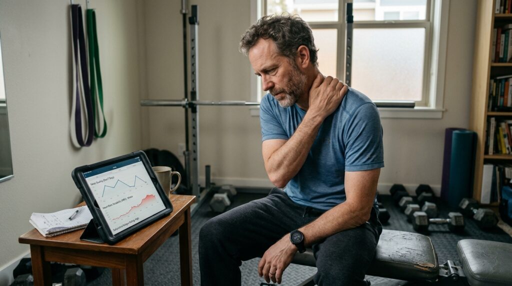 Hombre de mediana edad evaluando el impacto del cansancio y el estrés en su rendimiento físico.