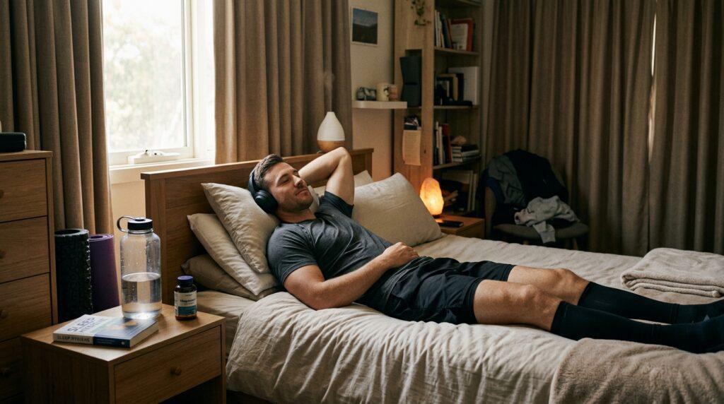 Hombre descansando en su habitación para optimizar la recuperación muscular y el equilibrio hormonal.