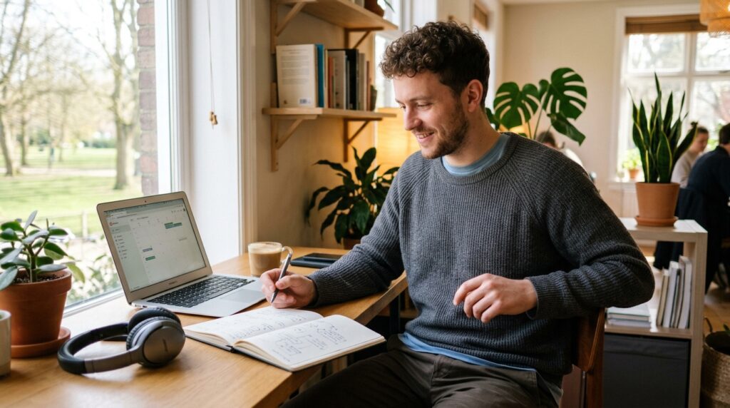 Hombre gestionando su tiempo de trabajo de manera autónoma en un entorno flexible y libre de estrés.