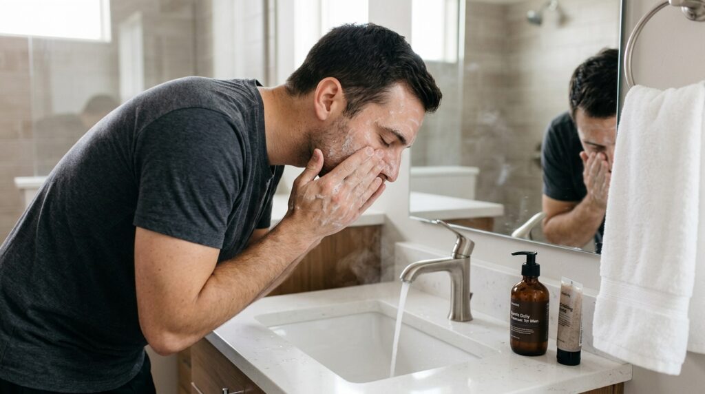 Hombre lavando su rostro con agua templada y limpiador especializado para eliminar impurezas de la piel.