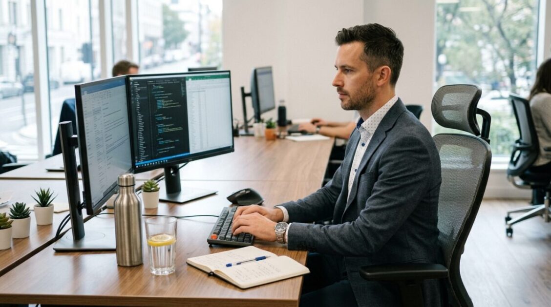 Hombre profesional enfocado en su espacio de trabajo manteniendo una postura erguida y una hidratación adecuada.