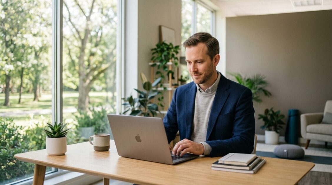 Hombre profesional trabajando en un ambiente sereno y bien iluminado que favorece la concentración y la salud mental.