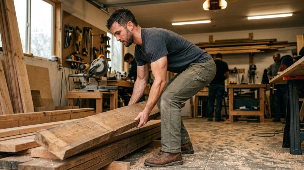 Hombre realizando sus labores físicas diarias manteniendo una postura adecuada y fuerza muscular.