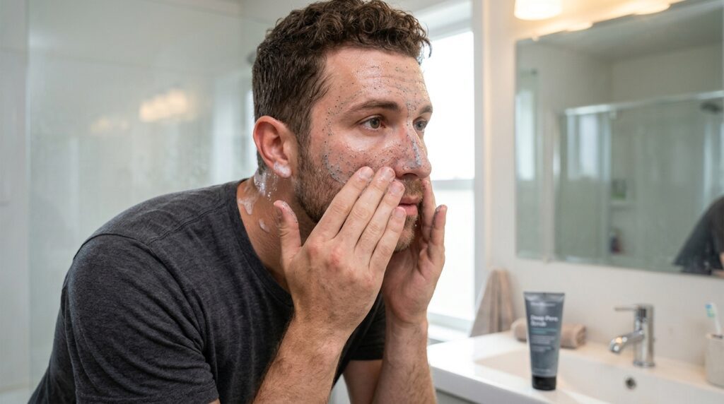 Hombre realizando una exfoliación facial periódica para remover células muertas y destapar los poros.