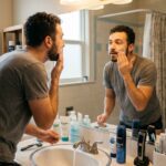 Hombre realizando una rutina diaria de cuidado facial