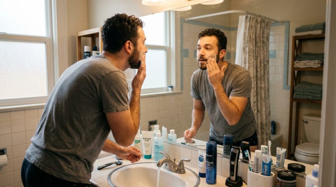 Hombre realizando una rutina diaria de cuidado facial