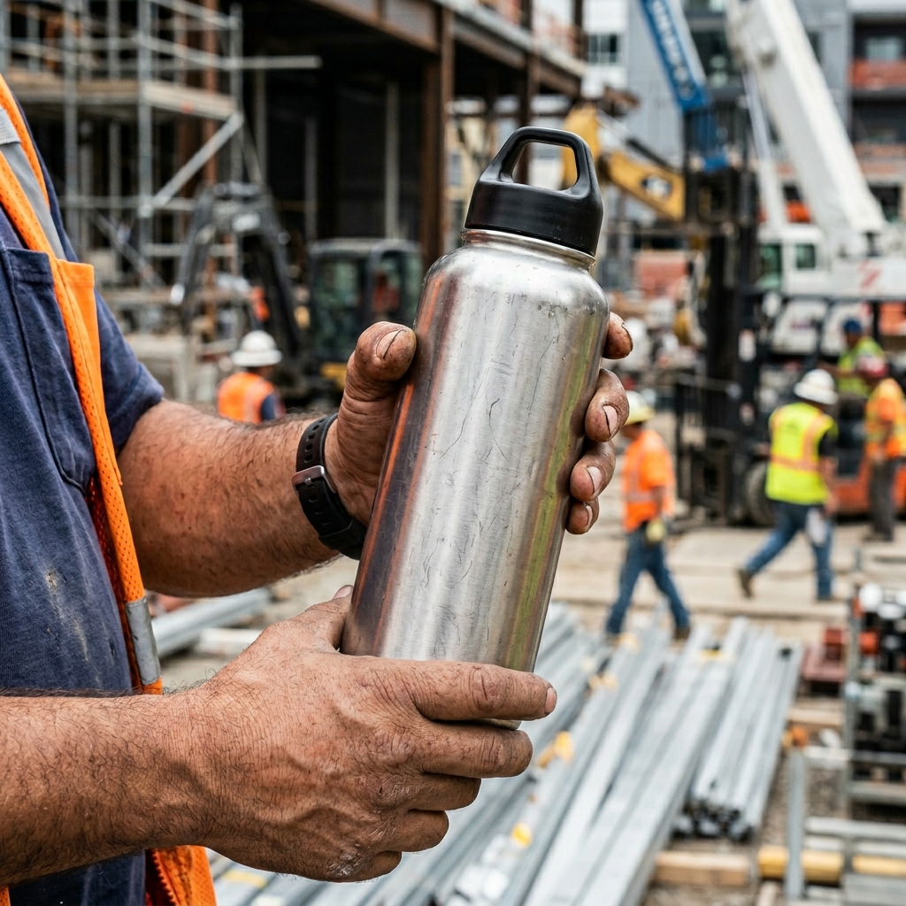 Hombre tomando agua y electrolitos en el trabajo para perder barriga
