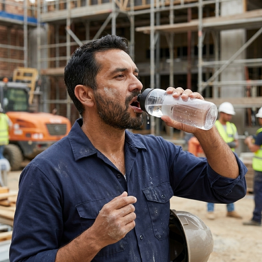 Hombre trabajador hidratandose con agua para cuidar su piel y salud