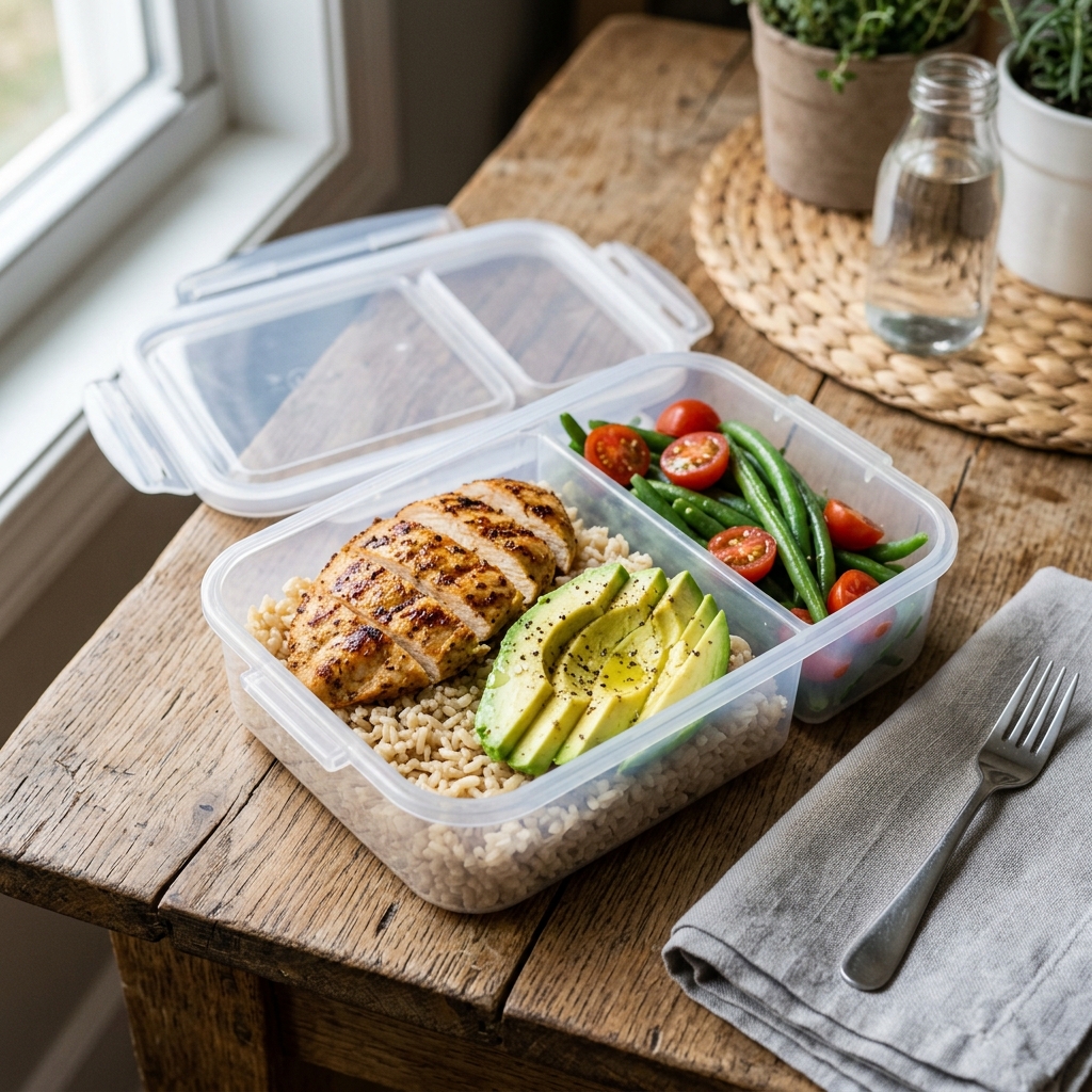 Lonchera saludable con pollo asado y arroz integral ideal para perder barriga hombres trabajadores