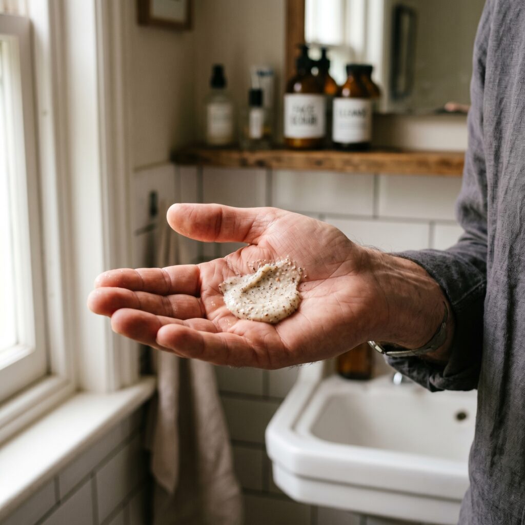 Exfoliante facial en la palma de la mano, para una limpieza profunda en la rutina de cuidado facial para hombres.