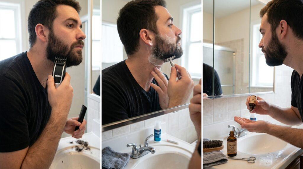Perfilado de barba y mantenimiento del vello facial mediante herramientas básicas en casa.