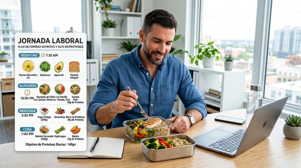 Planificación de comidas nutritivas con alto contenido de proteína para la jornada de trabajo.