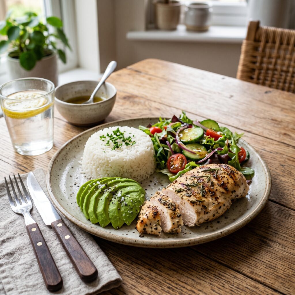Plato de comida saludable con proteína y carbohidratos, esencial para hombres que empiezan a hacer ejercicio.