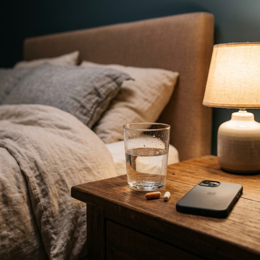 Suplementos de magnesio y zinc en mesa de noche para recuperar energia y vitalidad masculina