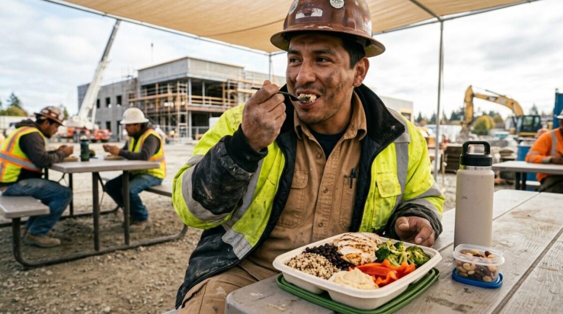 Trabajador alimentándose de forma equilibrada con un almuerzo rico en proteínas durante su jornada laboral.