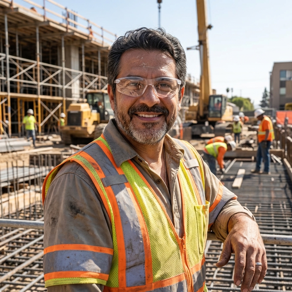 Trabajador latino en la construccion expuesto al polvo del drywall y al sol