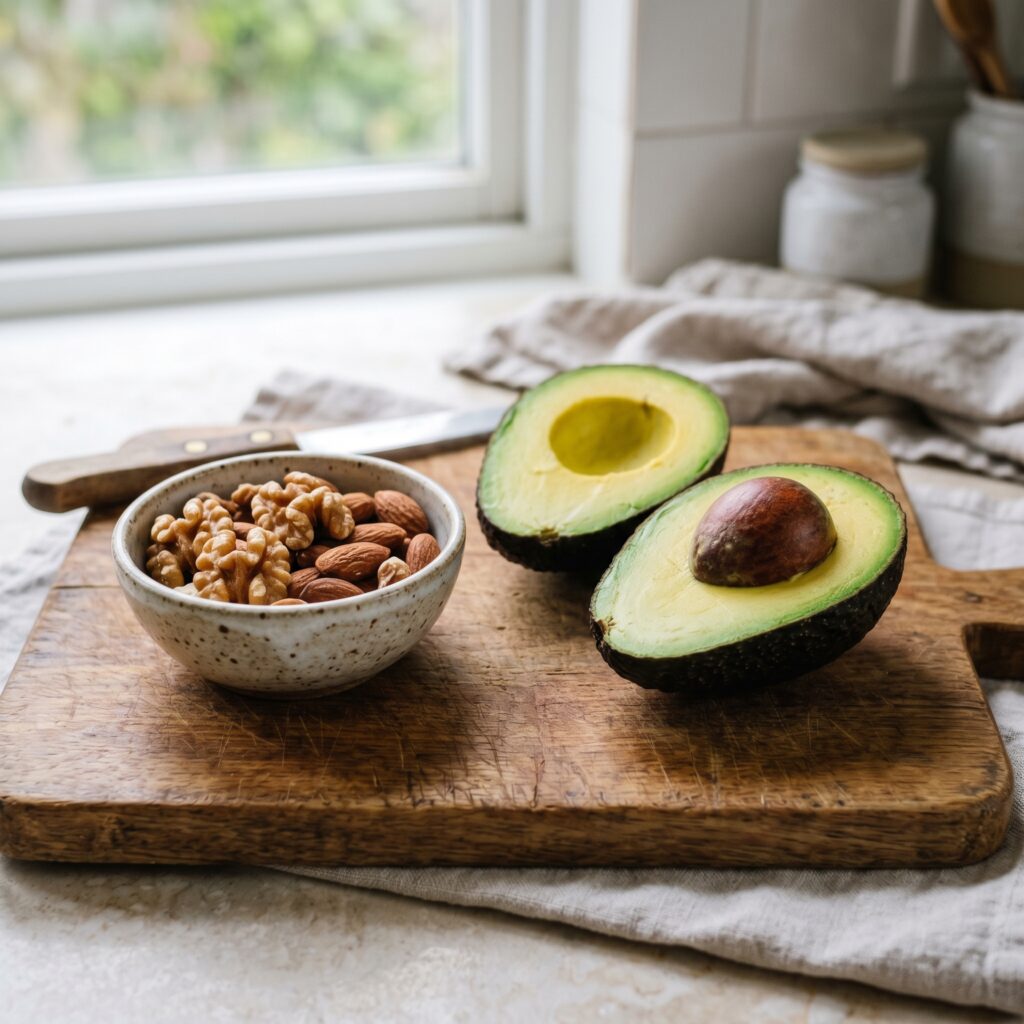 Aguacate y frutos secos, fuentes de grasas saludables para tener más energía de larga duración.