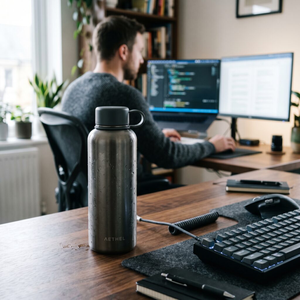 Botella de agua en escritorio de oficina, hábito fundamental para tener más energía todo el día.