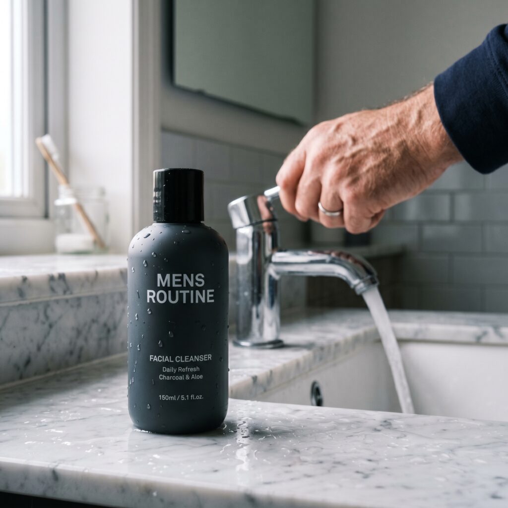 Botella de limpiador facial masculino sobre lavabo, primer paso de la rutina de cuidado facial para hombres.