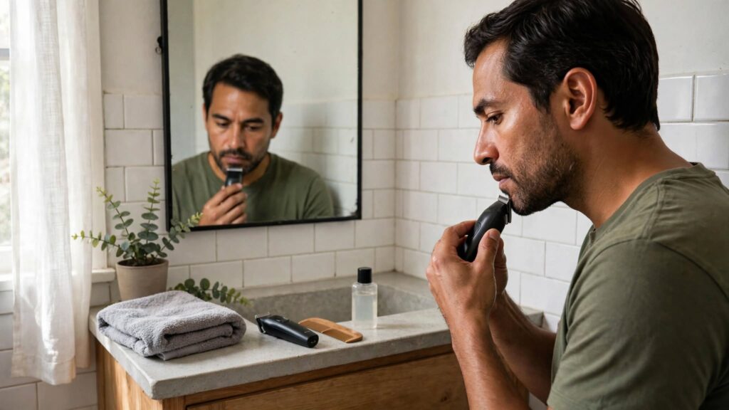 Hombre arreglando su barba y cabello en casa