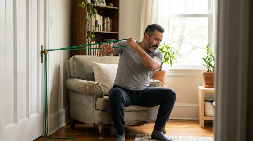 Hombre adulto realizando un ejercicio sencillo en casa como parte de una rutina de vida activa