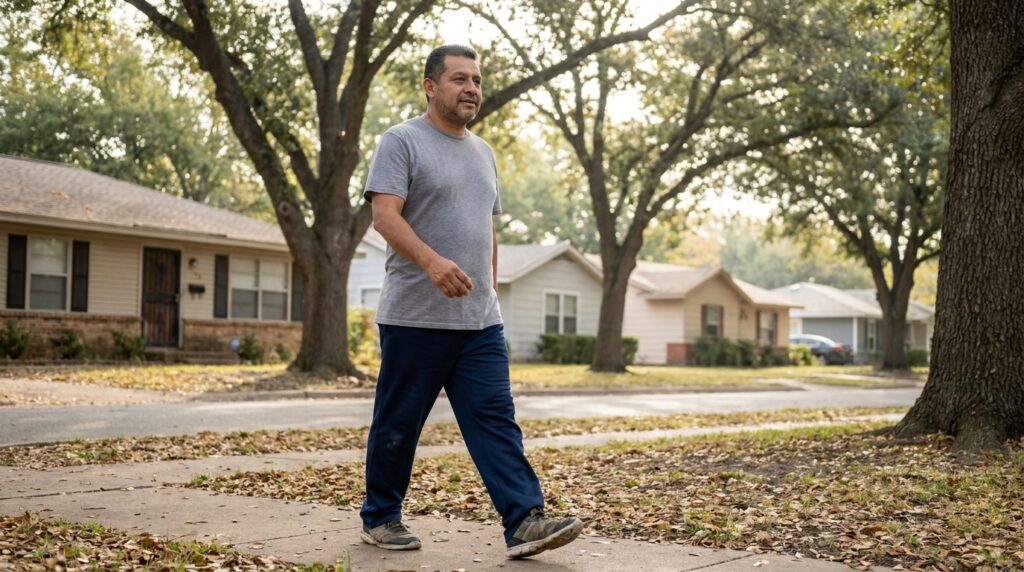 Hombre adulto caminando por un vecindario como parte de una nueva rutina de actividad física