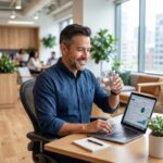 Hombre productivo y enfocado en su oficina con energía, ilustrando cómo tener más energía durante el camello.