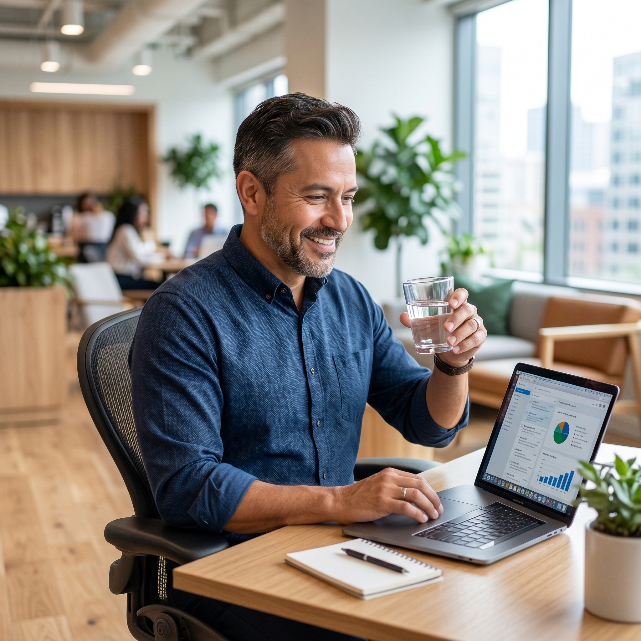 Hombre productivo y enfocado en su oficina con energía, ilustrando cómo tener más energía durante el camello.