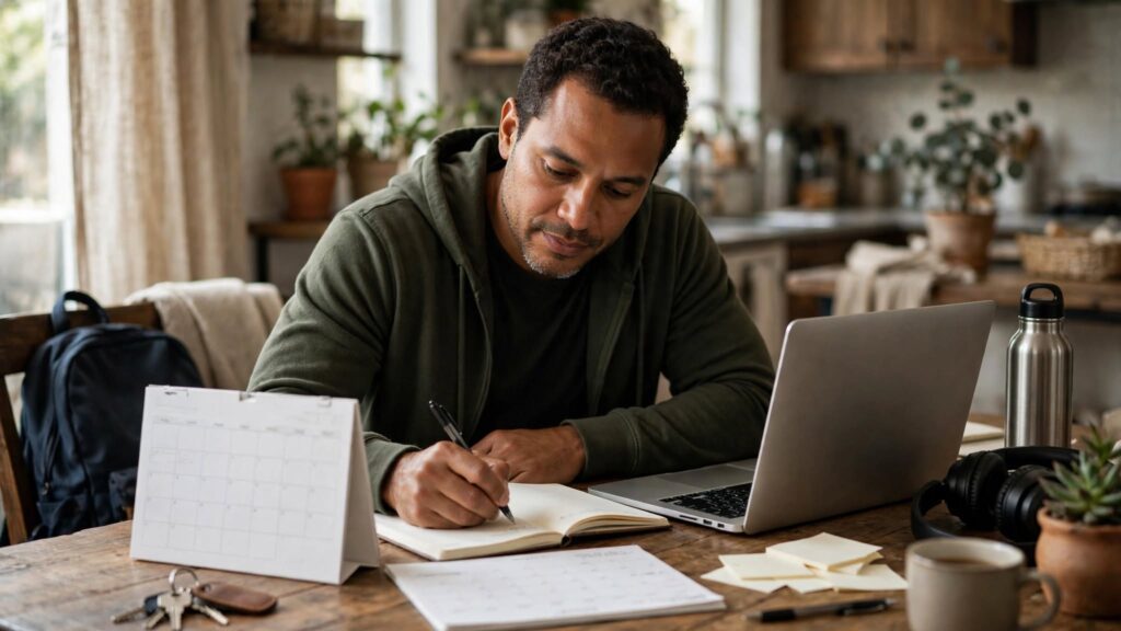 Hombre organizando su horario de trabajo y tiempo personal