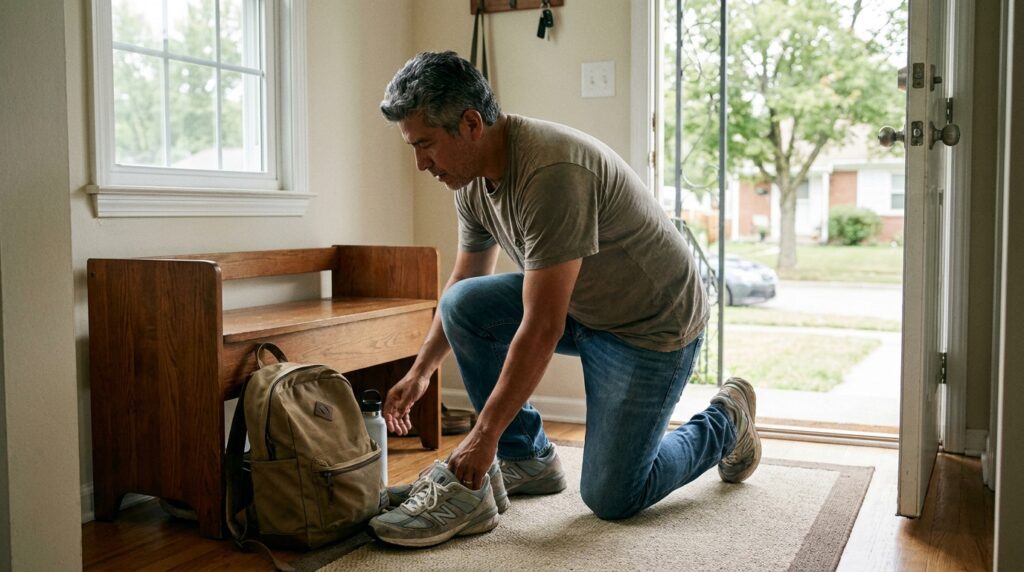 Hombre adulto preparándose para salir a caminar y mantener una rutina de actividad física