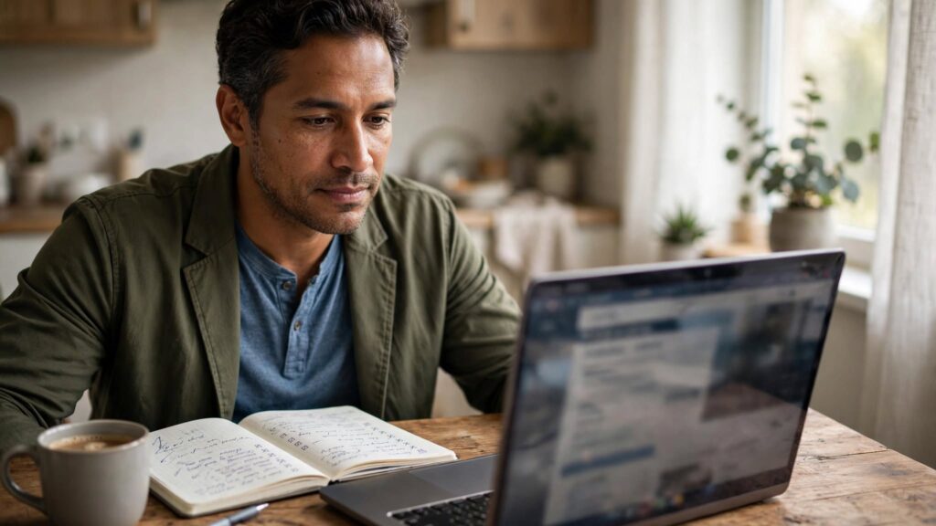 Hombre evaluando un trabajo que le permita tener equilibrio entre vida laboral y personal