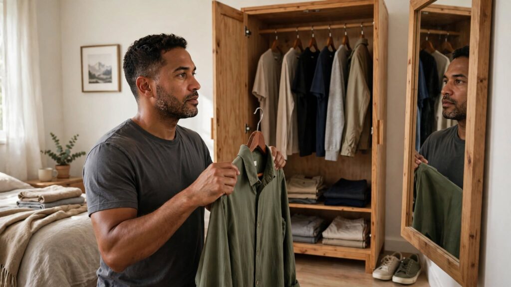 Hombre eligiendo ropa sencilla que le queda bien