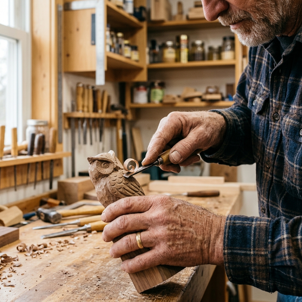 Manos de artesano trabajando la madera, ejemplo de trabajo con propósito y positivo para la salud mental.