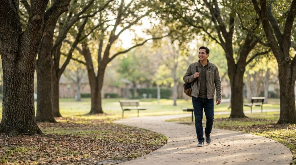 Hombre adulto caminando por un parque mientras retoma una rutina de ejercicio después de los 30 o 40 años