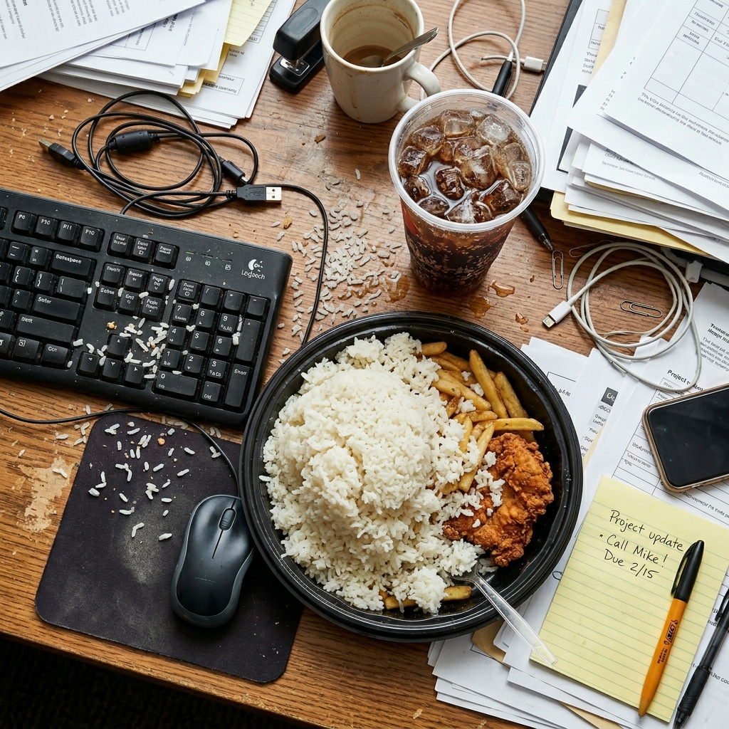 Almuerzo pesado alto en carbohidratos simples que provoca un bajón severo de energía por la tarde.