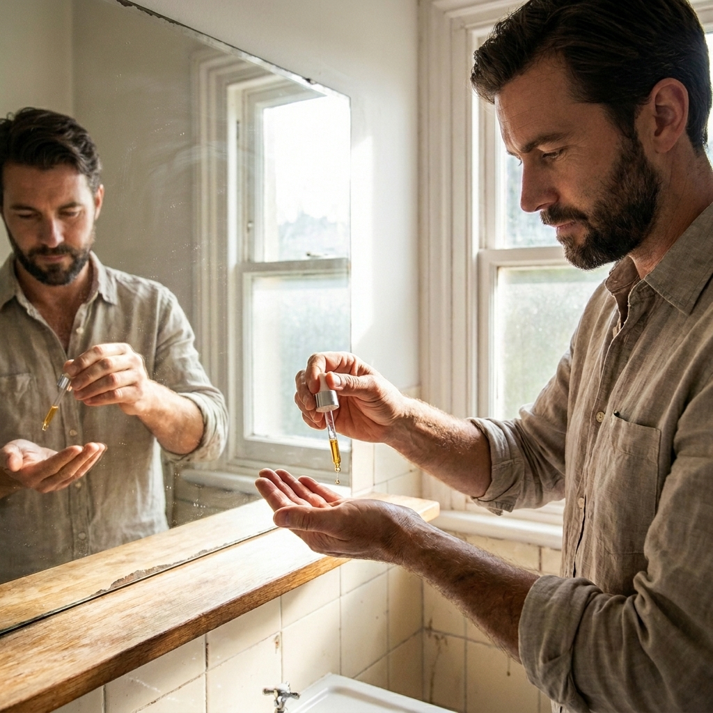 Aplicación de gotas de aceite natural para la hidratación y suavidad de la barba masculina.